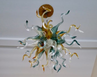 Blown Glass Chandelier / Lighting / Art Glass Lighting / Chandelier / Pendant Light / Crystal / Venitian / Clear, Amber, & Teal