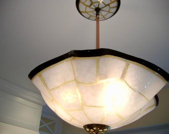 Blown Glass Chandelier / Lighting / Pendant Light / White, Amber & Black