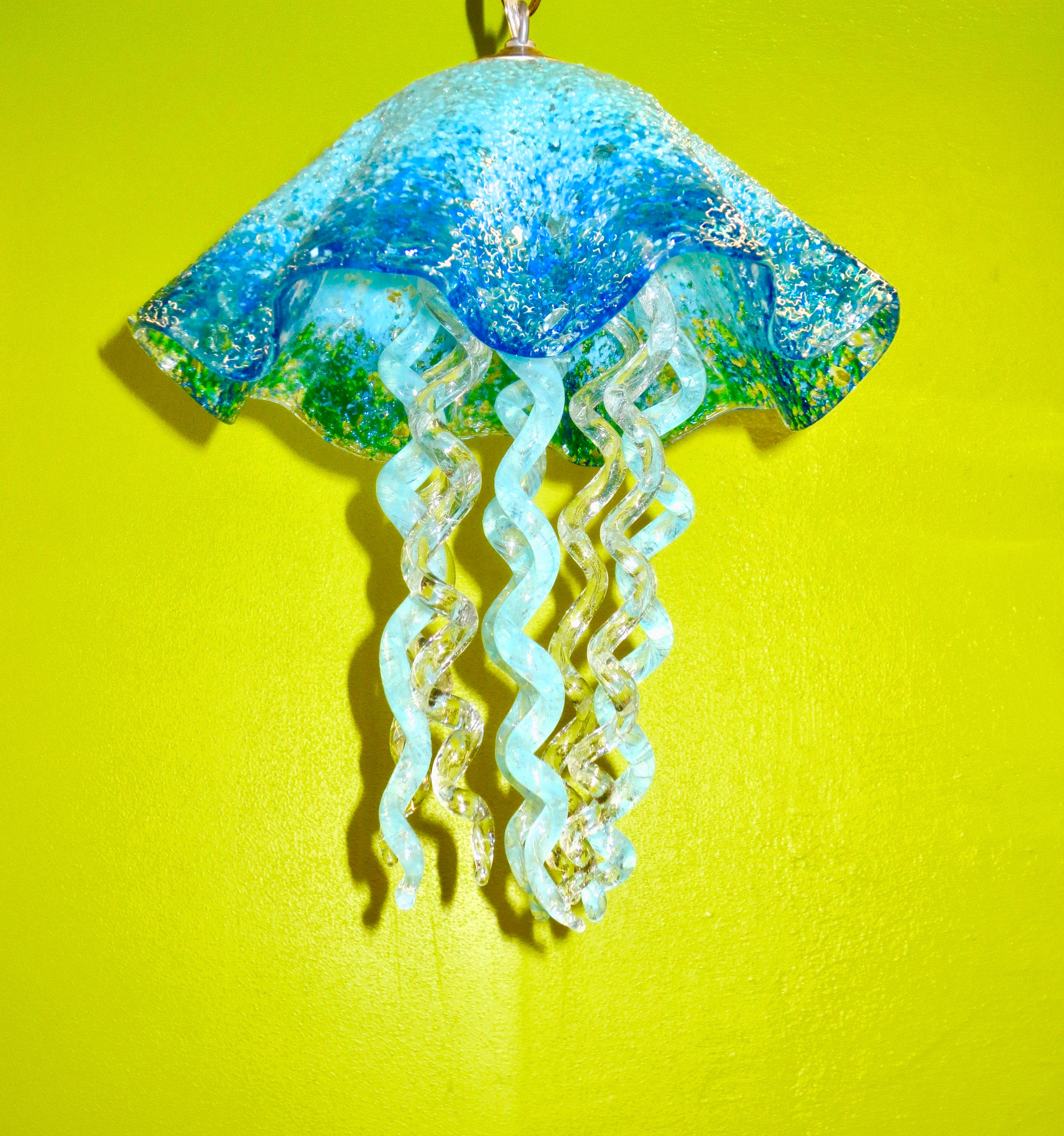 Jellyfish Pendant Light / Chandelier / Blown Glass / Turquoise Blue & Clear