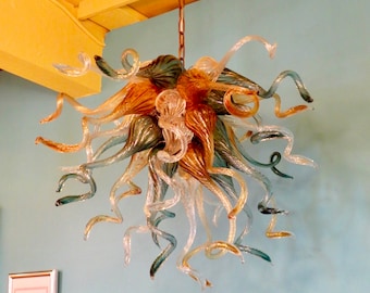 Blown Glass Chandelier / Lighting / Chandelier / Pendant Light / Art Glass Lighting / Venetian / Amber, Clear, & Teal