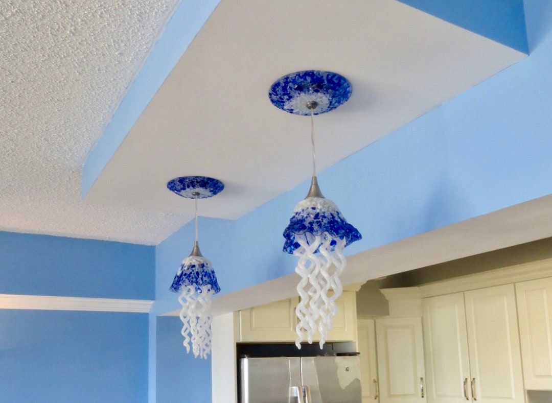Jellyfish Pendant Light / Chandelier / Blown Glass / White & Cobalt ...