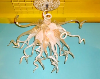 Blown Glass Chandelier / Lighting / Chandelier / Pendant Light / White & Clear