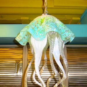 Jellyfish Pendant Light / Chandelier / Lighting / Blown Glass / Pendant Light / Jellyfish / Art Glass Lighting / Turquoise & White