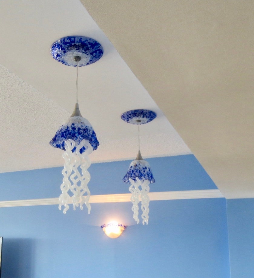 Jellyfish Pendant Light / Chandelier / Blown Glass / White & Cobalt ...