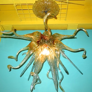 Blown Glass Chandelier / Lighting / Art Glass Lighting / Chandelier / Pendant Lighting / Venetian / Clear & Amber
