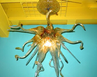 Blown Glass Chandelier / Lighting / Art Glass Lighting / Chandelier / Pendant Lighting / Venetian / Clear & Amber
