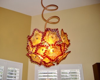 Blown Glass Chandelier / Lighting / Flower Light / Chandelier / Pendant Light / Art Glass Lighting / Flower / Copper / Amber & Wine Red