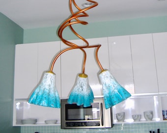 Blown Glass Chandelier / Lighting / Chandelier / Pendant Light / Natural Copper / White & Turquoise Blue