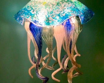 Jellyfish Pendant Light / Chandelier / Lighting / Blown Glass / Pendant Light / Jellyfish / Art Glass Lighting / White, Turquoise & Blue