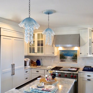 Jellyfish Pendant Light / Chandelier / Blown Glass / Pendant Light / Art Glass Lighting / Jellyfish / Powder Blue & Clear