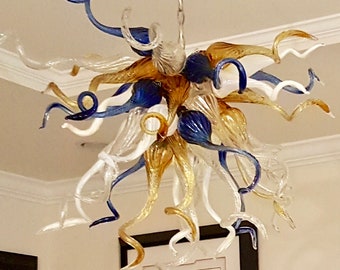 Blown Glass Chandelier / Lighting / Chandelier / Pendant Light / Art Glass Lighting / Venetian / Amber, Cobalt Blue, White & Clear