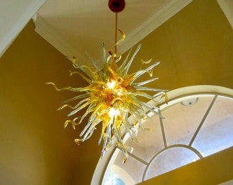 Blown Glass Chandelier / Lighting / Chandelier / Pendant Light / Art Glass Lighting / Venetian / Crystal / Amber & Teal
