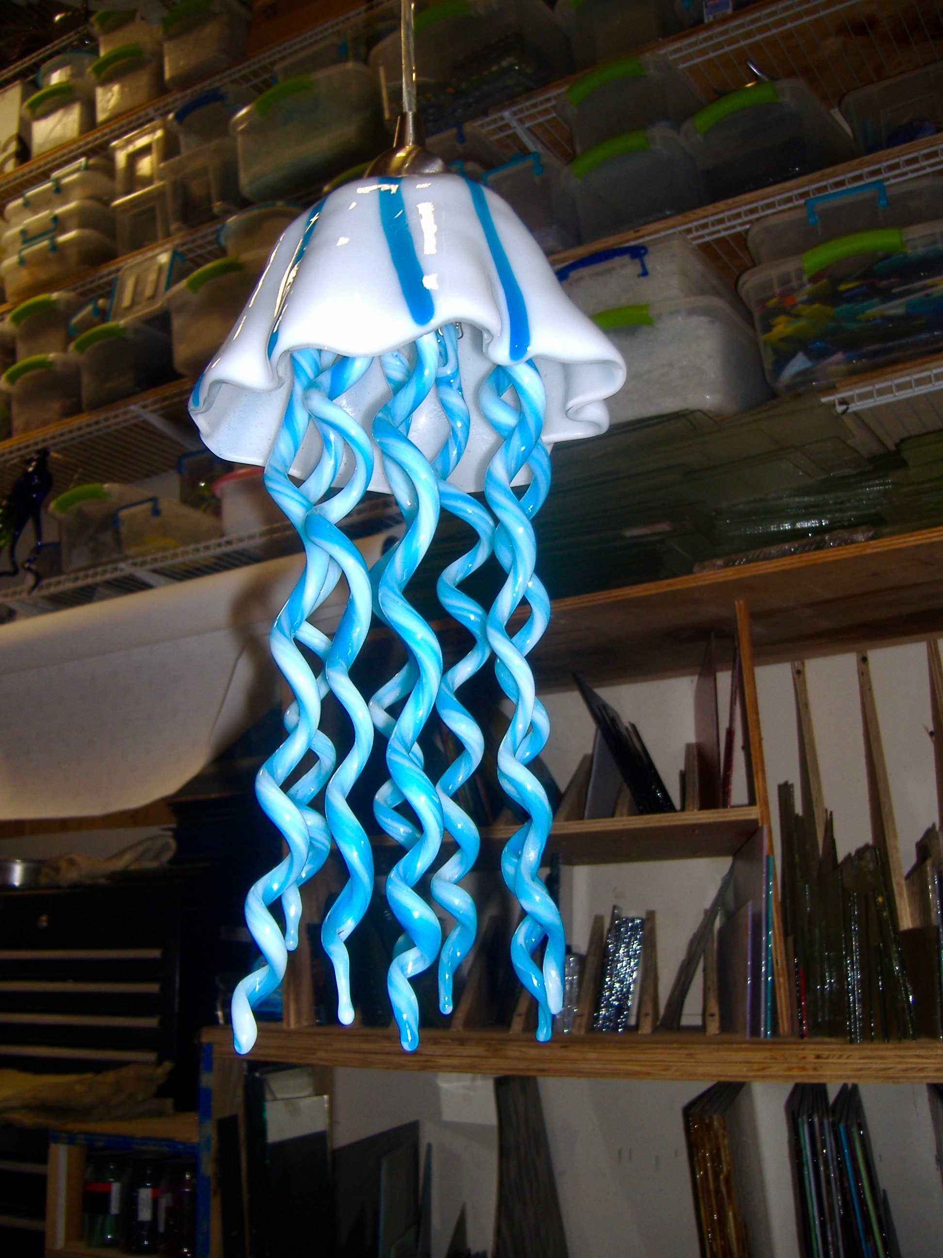Jellyfish Pendant Light / Chandelier / Blown Glass / White & Turquoise ...