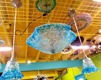 Blown Glass Chandelier / Chandelier / Lighting / Pendant Light / Flush Mount / Clear & Turquoise