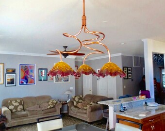 Blown Glass Chandelier / Lighting / Natural Copper / Amber & Wine Red