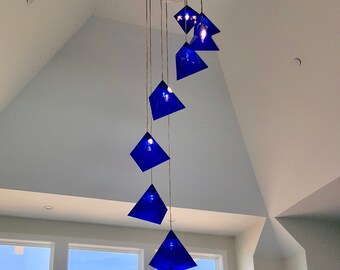 Blown Glass Chandelier / Lighting / Chandelier / Pendant Light / Art Glass Lighting / Triangle / Cobalt Blue