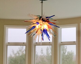 Blown Glass Chandelier / Lighting / Chandelier / Pendant Light / Art Glass Lighting / Venetian / Amber, White, Clear, & Blue