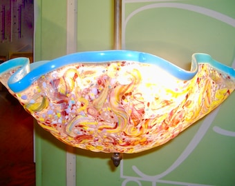 Blown Glass Chandelier / Lighting / Chandelier / Pendant Light / Abstract / Turquoise Blue Trim