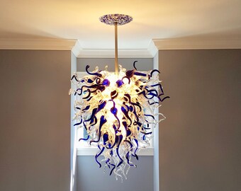 Blown Glass Chandelier / Lighting / Chandelier / Cobalt Blue & Clear Glass