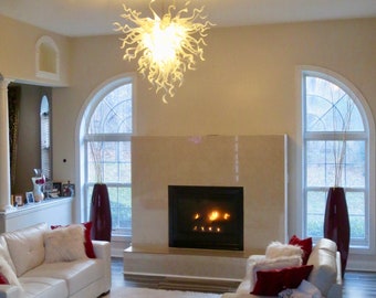 Blown Glass Chandelier / Lighting / Chandelier / Pendant Light / Venetian /  White & Clear Glass
