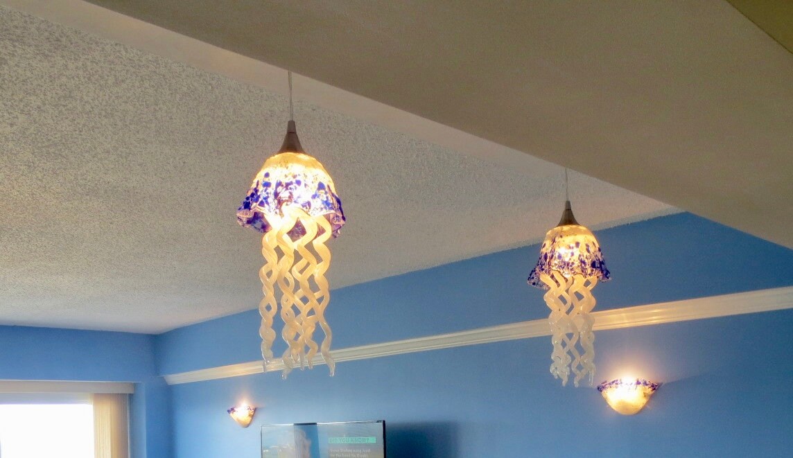 Jellyfish Pendant Light / Chandelier / Blown Glass / White & Cobalt ...