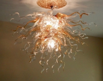 Blown Glass Chandelier / Lighting / Chandelier / Amber & Clear Glass