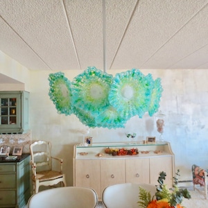 Blown Glass Chandelier / Lighting / Flower Light / Chandelier / Pendant Light / Turquoise, White & Sea Green