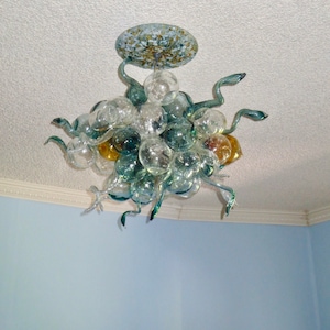 Blown Glass Chandelier / Lighting / Art Glass Lighting / Chandelier / Pendant Lighting / Venetian / Clear, Amber, & Teal