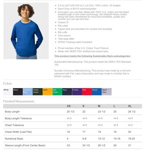 May include: A size chart for Gildan Heavy Cotton Youth Long Sleeve T-Shirt, showing measurements in inches for sizes XS to XL. The chart includes body length, chest width, sleeve length, and numerical sizes.