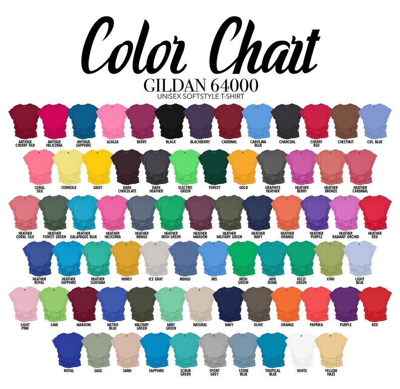 May include: Color chart for Gildan 64000 Unisex Softstyle T-Shirt, showing a variety of colors for the t-shirt. The colors are arranged in rows and columns, with each color represented by a small square.