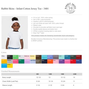 May include: White infant cotton jersey tee shirt with short sleeves. The shirt is available in a variety of colors. The size chart shows measurements in inches for 6M, 12M, 18M, and 24M.
