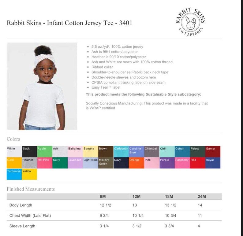 May include: White infant cotton jersey tee shirt with short sleeves. The shirt is available in a variety of colors. The size chart shows measurements in inches for 6M, 12M, 18M, and 24M.