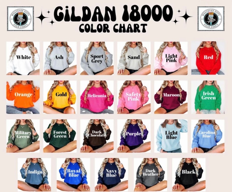 May include: Color chart for Gildan 18000 sweatshirts, showing 18 different colors, including white, ash, sport grey, sand, light pink, red, orange, gold, heliconia, safety pink, maroon, Irish green, military green, forest green, dark chocolate, purple, light blue, Carolina blue, indigo, royal blue, navy blue, dark heather, and black.