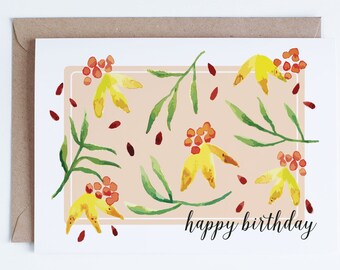 Printable Birthday Cards, Instant Download Card Designs, Botanical Happy Birthday Calligraphy Illustration, For Her, Autumn Birthday, Fall