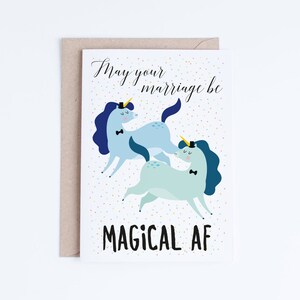 Cartões de casamento imprimíveis, cartão de casamento mágico engraçado de unicórnios AF, casamento gay, ilustração fofa, cartões de parabéns digitais, AF mágico