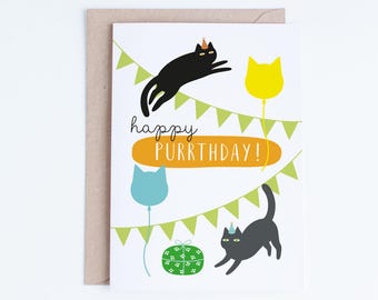 Printable Birthday Cards, Cat Purrthday Card Instant Download, Black Cat Illustration, For Her, For Him, For Friend, Cat Lovers, Grey Cat