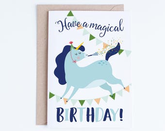 Printable Unicorn Birthday Cards, Boys Birthday Cards Instant Download, Nephew Digital Card, Blue Kids Birthday Card, Children, Illustration