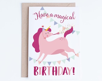 Printable Unicorn Birthday Cards, Girls Birthday Cards Instant Download, Niece Digital Card, Pink Kids Birthday Card, Children, Illustration