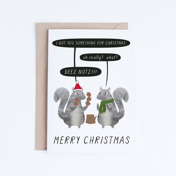 Funny Christmas Cards Instant Download, Printable Christmas Card for Him, For Friends, Brother, Deez Nutz Squirrels Birthday Illustration