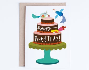 Cartões de aniversário para impressão, download instantâneo de cartão de aniversário de pássaro, ilustração de pássaros coloridos, retrô, para ela, para amigo, ilustração de bolo