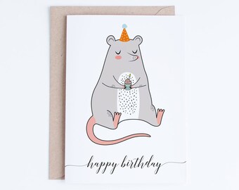 Printable Birthday Cards, Rat Birthday Card Instant Download, Grey Mouse Illustration, For Her, For Him, For Friend, Rat Lovers, Cupcake