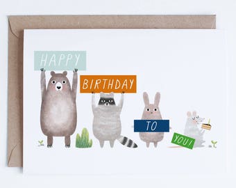 Printable Birthday Cards, Animal Birthday Cards Instant Download, Bear, Raccoon, Bunny, Mouse Illustration, For Her, Him, For Friends, Cake