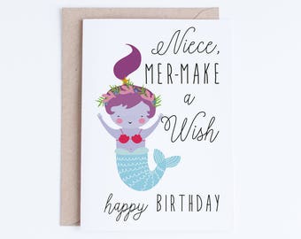 Printable Mermaid Birthday Cards, Niece Birthday Cards Instant Download, Card from Aunt, From Uncle, Kawaii Birthday Card, Cute Illustration