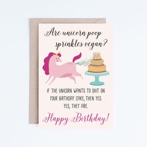 Printable Birthday Cards, Funny Vegan Birthday, Unicorn Poop Sprinkles, For Her, Friend, Sister, Girlfriend, Wife, Vegetarian Card, Modern image 1