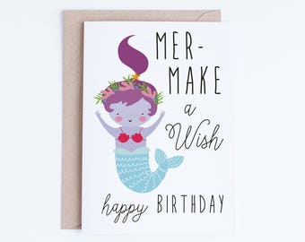 Printable Mermaid Birthday Cards, Girls Birthday Cards Instant Download, Kawaii Birthday Card, Children, Cute Mermaid Illustration, Wish