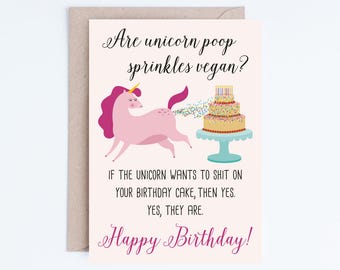 Printable Birthday Cards, Funny Vegan Birthday, Unicorn Poop Sprinkles, For Her, Friend, Sister, Girlfriend, Wife, Vegetarian Card, Modern
