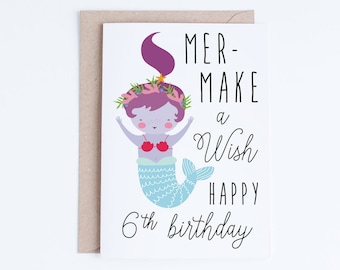 Printable Mermaid Birthday Cards, Girls 6th Birthday Cards Instant Download, Kawaii Sixth Birthday, Cute Mermaid Illustration, Wish, Six, 6
