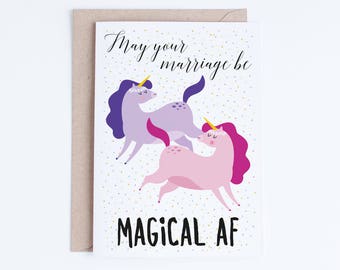 Printable Wedding Cards, Funny Magical AF Unicorns Marriage Card, Lesbian Wedding, Cute Illustration, Digital Congratulations Card, Magic AF