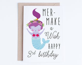Printable Mermaid Birthday Cards, Girls 3rd Birthday Card Instant Download, Kawaii Third Birthday, Cute Mermaid Illustration, Wish, 3, Three