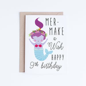 Cartes d'anniversaire imprimables sirène, filles 9e anniversaire cartes téléchargement immédiat, neuvième anniversaire de Kawaii, illustration mignonne de sirène, souhaits, 9